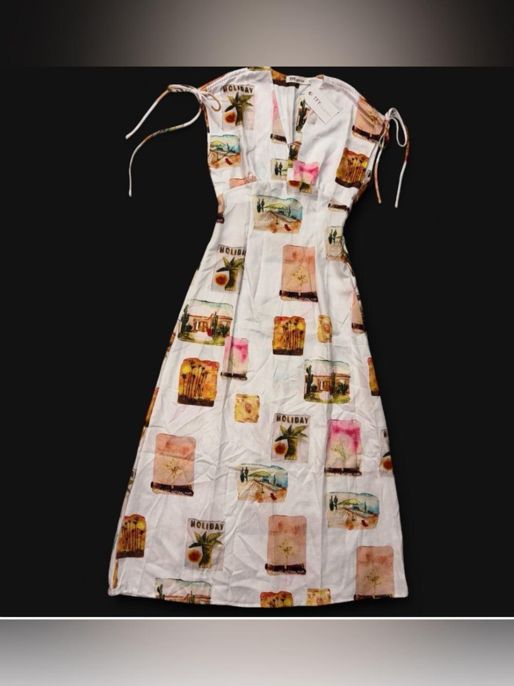 White Maxi Dress with Vintage Postcard Print and Tie Shoulders